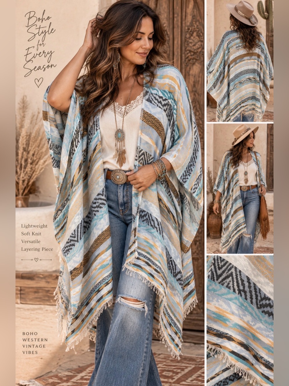 Western style- Striped Blue & Gold Patterned -open front ruana/shawl cardigan
